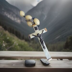 Vintage Italy Stamped Catholic Rosary Ivory Celluloid Oval Beads Madonna Center